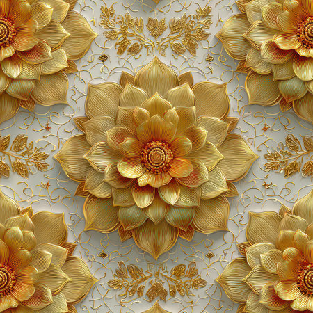 This stunning gold floral pattern showcases intricate designs set against a cream background, perfect for adding a touch of elegance to any project.の素材