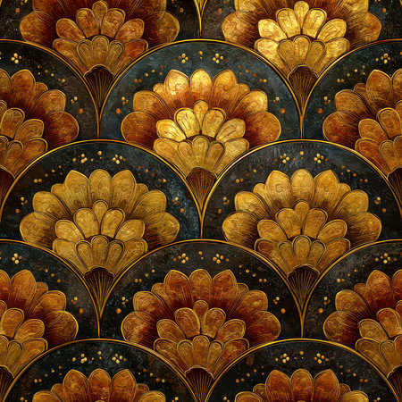 This elegant Art Deco pattern features vibrant gold tones contrasted with deep black, creating a stunning and sophisticated visual. Perfect for wallpapers and fabric design.の素材
