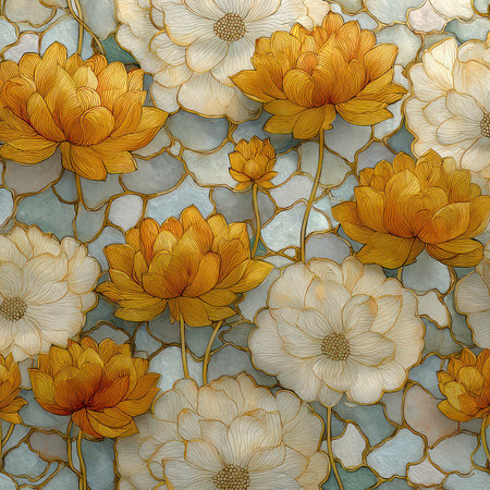 This beautiful floral pattern features elegant gold and cream lotus flowers on a soft background, perfect for a decorative art piece or textile design.の素材