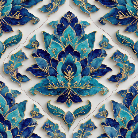 This stunning floral pattern features elegant blue and gold hues, ideal for backgrounds, wallpapers, and artistic designs. Its intricate details add sophistication and charm.の素材