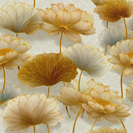 Beautiful floral design featuring gold and cream lotus flowers on a textured background. Perfect for home decor, textiles, and artistic projects.の素材