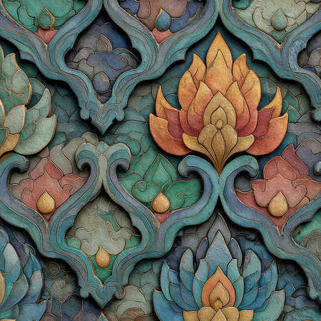 This image showcases an intricate floral pattern with vibrant colors, blending artistry and elegance. It serves as a stunning background or decorative element.の素材