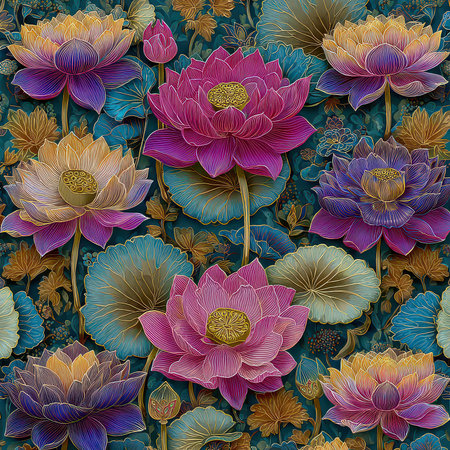 This stunning floral design features colorful lotus flowers in a variety of shades, creating an elegant and vibrant pattern perfect for decor or artistic projects.の素材