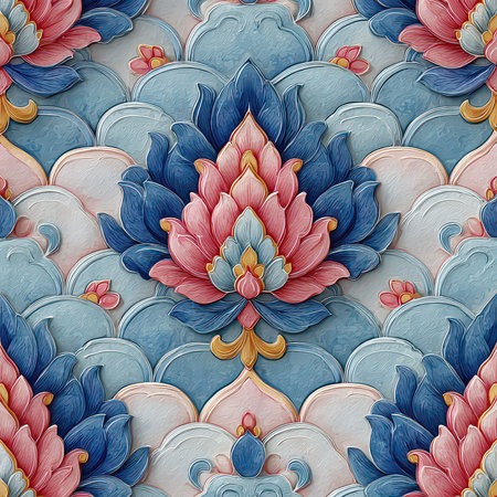 This colorful floral pattern features intricate lotus designs in vibrant hues. Ideal for background use, decor, or artistic projects, this design showcases beauty and elegance.の素材