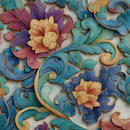 This vibrant floral design features swirling shapes and intricate details, showcasing a colorful array of flowers and leaves. A perfect artistic decoration for various projects.の素材