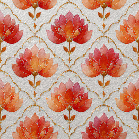 This stunning floral pattern features vibrant lotus flowers in soft watercolor shades. Perfect for backgrounds, textiles, and artistic projects.の素材