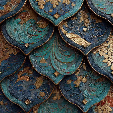 This decorative background showcases intricate leaf patterns in vibrant colors, blending artistic design with elegance, perfect for various creative projects.の素材