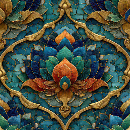 This artwork features an intricate blue and gold floral pattern, showcasing elegant lotus motifs that evoke a sense of serenity and beauty. Perfect for backgrounds.の素材