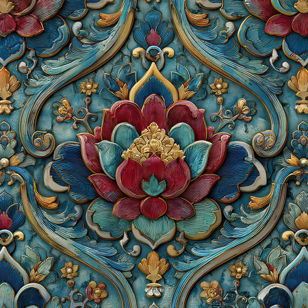 This stunning artwork features an ornate floral pattern with intricate details and vibrant colors, perfect for backgrounds and decorative designs that exude elegance.の素材
