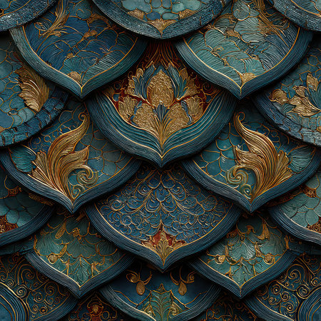 A stunning close-up of an ornate blue and gold floral pattern showcasing intricate details and artistic craftsmanship, perfect for design projects or backgrounds.の素材