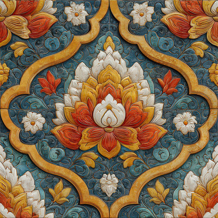This image features an ornate floral design with a rich color palette, showcasing intricate patterns that highlight artistic craftsmanship and elegance.の素材