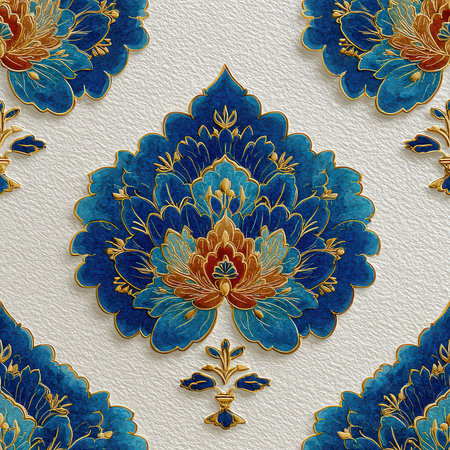 This exquisite floral pattern features rich blue tones highlighted by intricate gold accents, perfect for adding elegance to any setting. Ideal for design projects.の素材