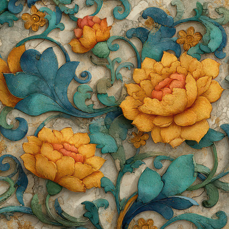 This image features vibrant floral patterns with intricate designs in rich colors. A stunning representation of nature's beauty and artistic expression.の素材