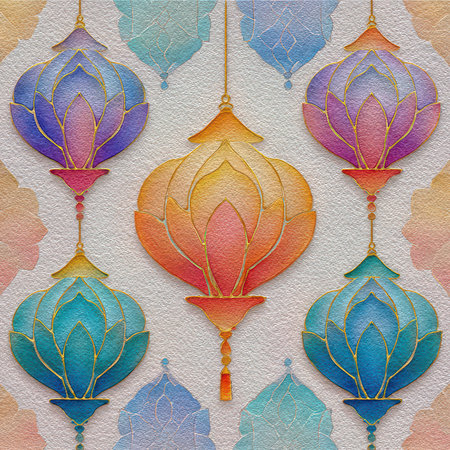 Vibrant watercolor lanterns designed with intricate patterns for festive decor. Ideal for backgrounds, wallpaper, or celebration themes that evoke warmth and joy.の素材