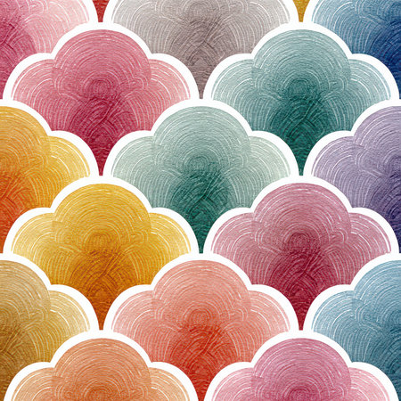 This vibrant image features a colorful pattern of overlapping cloud shapes. The design showcases a variety of soft and bright hues, creating a visually engaging background ideal for various creative projects.の素材