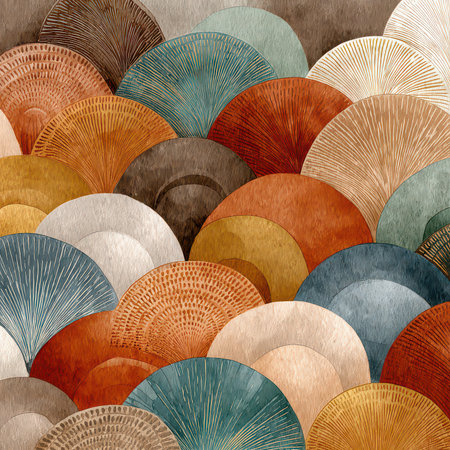 This abstract artwork features colorful fan shapes layered with various textures, creating a vibrant and modern design perfect for home decor or artistic projects.の素材