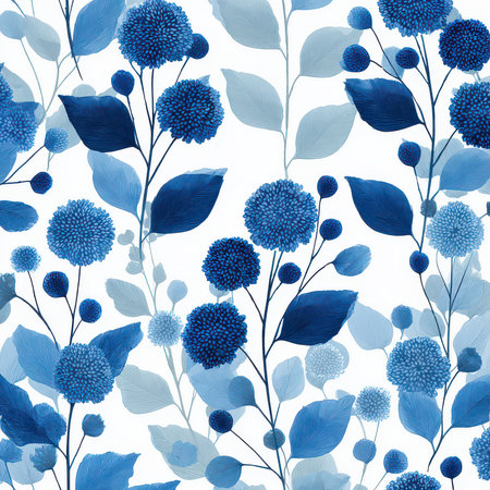 This beautiful blue floral pattern showcases delicate leaves and blossoms on a crisp white background. Perfect for various design projects.の素材