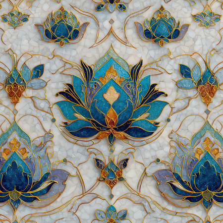 This artwork features an intricate floral pattern crafted with blue and gold tones. The elegant design enhances spaces, offering a blend of beauty and artistry.の素材