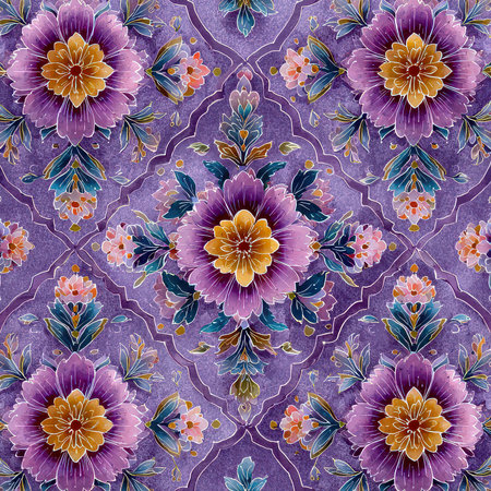 This vibrant floral pattern showcases rich purple and gold elements, perfect for various design applications including textiles, wallpapers, and artwork.の素材