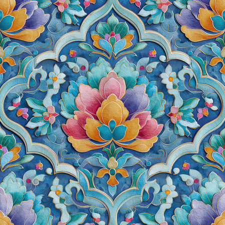 This artwork features a stunning floral motif with intricate details and vibrant colors. Perfect for backgrounds and textiles, it showcases elegance and craftsmanship.の素材