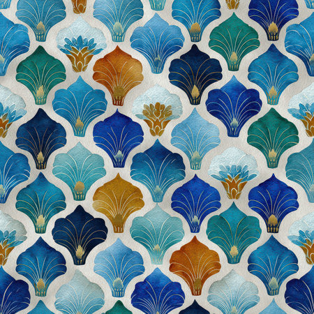 A vibrant and intricate geometric pattern featuring stylized floral elements in stunning blue and turquoise tones, enhanced with hints of gold. Perfect for decor.の素材