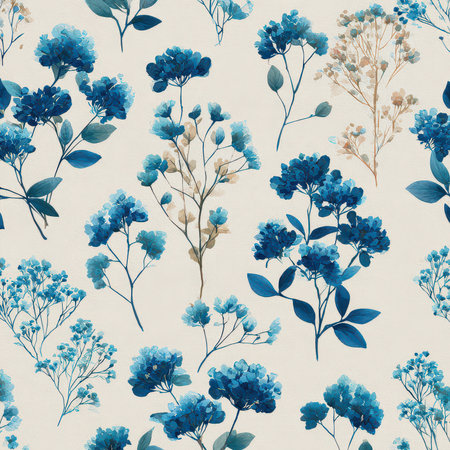 This enchanting floral pattern features various blue blooms against a soft cream backdrop. Perfect for textiles, wallpaper, or elegant decor themes.の素材
