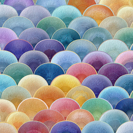 This image features an array of colorful, abstract circular patterns resembling waves, creating a vibrant and harmonious composition ideal for various design projects.の素材