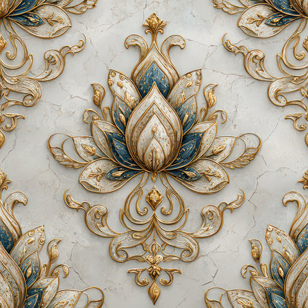 This stunning floral design features intricate elements in gold and blue against a neutral background, perfect for enhancing elegance in various decor styles.の素材