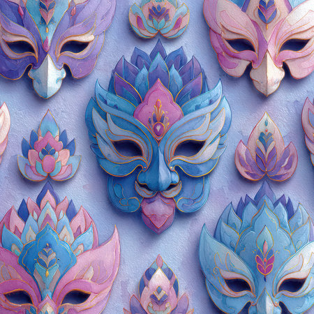 A stunning array of colorful decorative masks featuring intricate designs and vibrant hues. Perfect for cultural celebrations, festivals, or artistic inspiration.の素材
