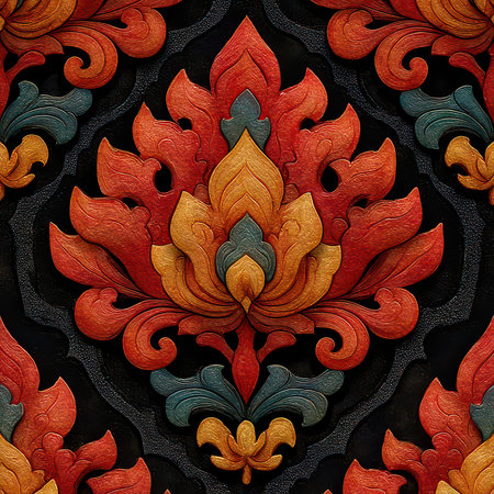 A stunning floral pattern featuring vibrant colors and intricate designs. This decorative artwork showcases elegance and creativity, perfect for backgrounds or textile designs.の素材