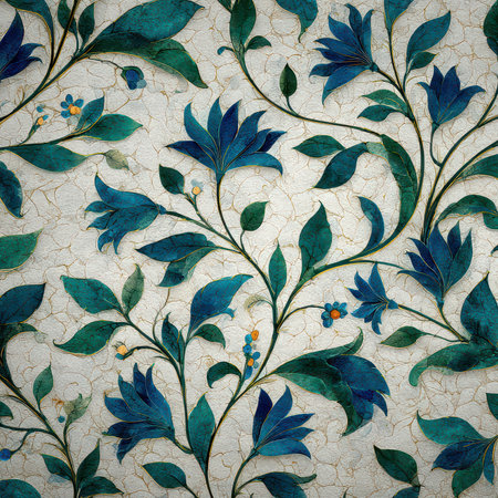 Beautiful floral pattern featuring intricate blue and green leaves on a textured background. Ideal for decor, art projects, and nature-inspired themes.の素材