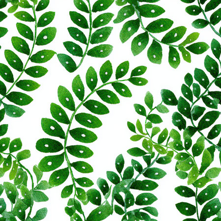 Discover a vibrant pattern of lush green leaves against a white background, perfect for nature-inspired designs, textile prints, and botanical themes.の素材