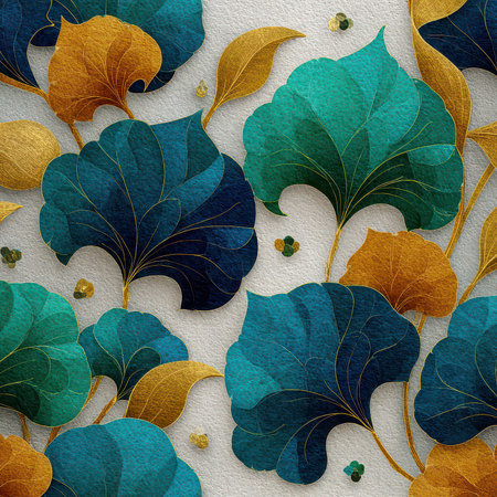 Captivating leaf patterns in rich colors adorned with golden accents create a stunning visual effect. Ideal for backgrounds, wallpapers, or artistic projects.の素材