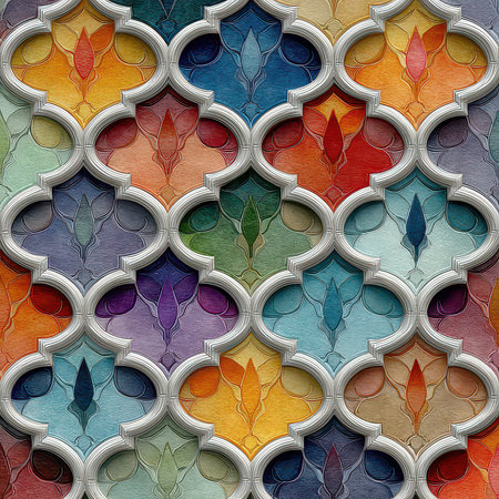 This vibrant geometric pattern features intricate floral designs and a harmonious blend of colors, perfect for backgrounds, wallpapers, or artistic projects.の素材