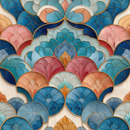 Beautiful geometric pattern featuring colorful abstract floral motifs, showcasing intricate details and vibrant textures ideal for various creative projects.の素材