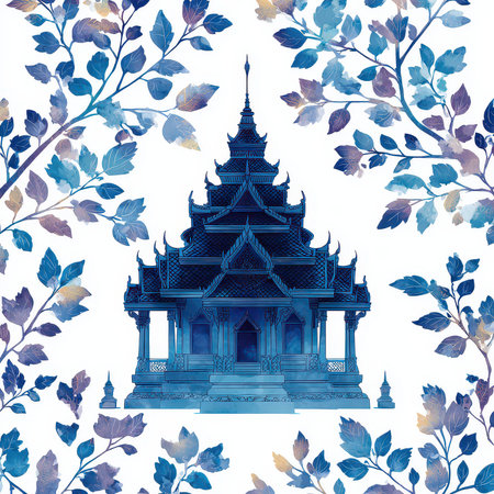 This elegant watercolor illustration features a traditional temple design surrounded by leaves and flowers, creating a calm and serene atmosphere perfect for various creative projects.の素材