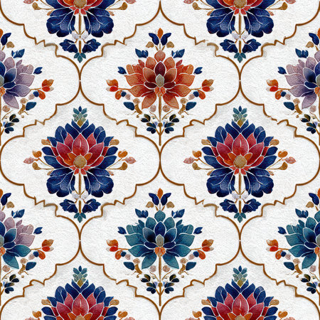 A vibrant floral pattern featuring colorful blooms arranged in a symmetrical design, perfect for textile, wallpaper, or decorative art projects.の素材