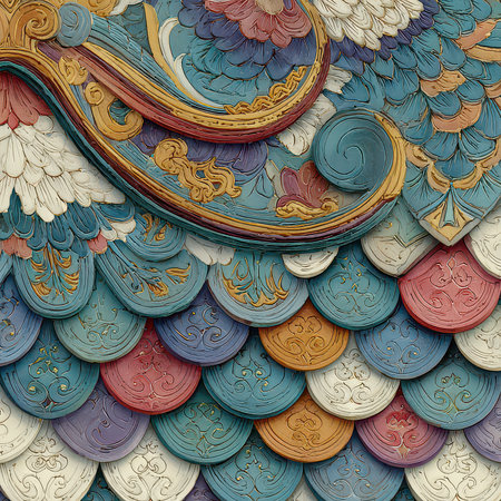 Discover a stunning artwork featuring ornate decorative patterns with vibrant colors and intricate details that showcase exceptional craftsmanship and artistic beauty.の素材