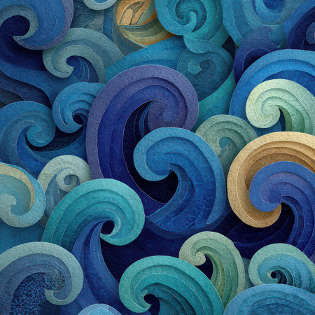 A vibrant and colorful abstract composition featuring swirling waves and dynamic curves in various shades of blue. Perfect for artistic projects.の素材