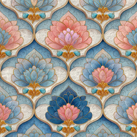 This elegant floral pattern features intricate designs in pastel colors, combining light blue and soft pink shades. Perfect for fabric, wallpaper, or art projects.の素材
