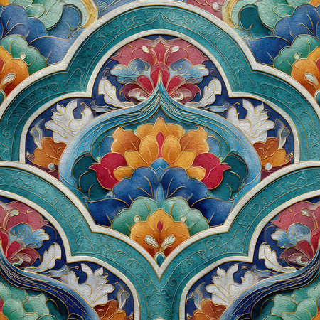 Beautiful ornate floral pattern featuring vibrant colors and intricate designs. Ideal for backgrounds, wallpapers, and artistic projects, showcasing a blend of elegance and creativity.の素材