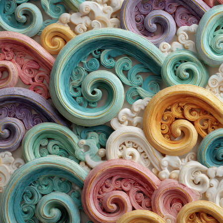 Explore a vibrant collection of colorful swirls in decorative relief art, showcasing intricate patterns in pastel shades and smooth textures, perfect for various design projects.の素材