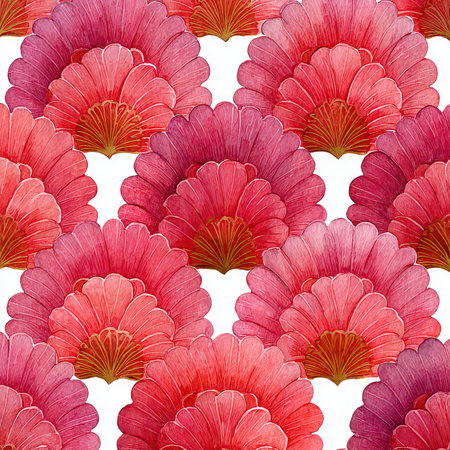 This vivid floral pattern features elegant fan-shaped designs in pink and red hues. Perfect for backgrounds, textiles, crafts, and decorative items.の素材