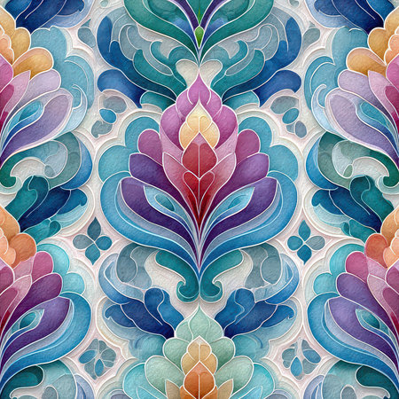 This vibrant abstract floral pattern features intricate swirls and leaf motifs filled with lively colors, perfect for adding a dynamic touch to any design project.の素材