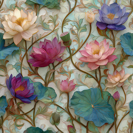 A stunning illustration of colorful lotus flowers and green leaves creates a vibrant and decorative floral pattern, perfect for nature-themed art and design projects.の素材