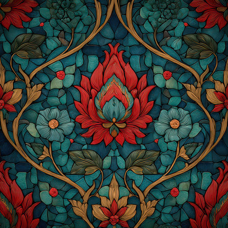 Vivid floral design showcasing intricate red and blue elements. Perfect for wallpapers, textiles, and artistic projects. A beautiful blend of colors and patterns.の素材