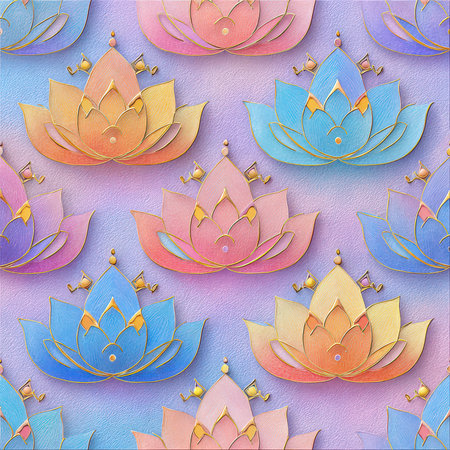 Vibrant pattern of colorful lotus flowers in soft pastel tones, perfect for backgrounds, wallpapers, or artistic designs that evoke calm and serenity.の素材