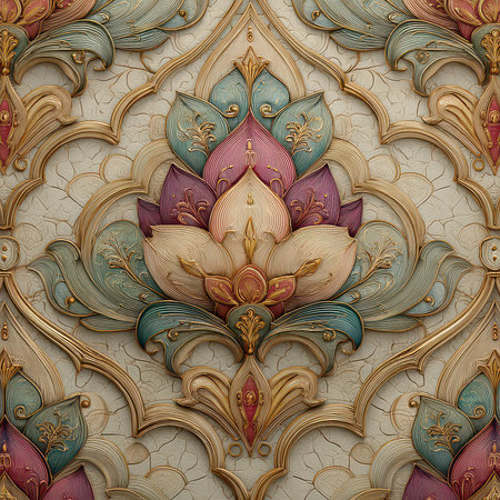 This ornate floral pattern features intricate details and soft pastel colors, creating a vibrant and elegant design suitable for various decorative applications.の素材