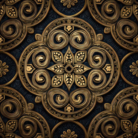 Discover a stunning and intricate floral pattern design featuring gold and black tones, perfect for adding elegance to any decor, textile, or art project.の素材
