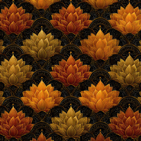 This elegant lotus flower pattern features warm tones of orange and gold. Perfect for background, textile, or wallpaper in design projects.の素材